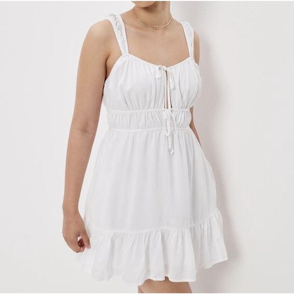 American Eagle Cottagecore Mini Dress White Milkmaid Romantic lined Rushed Sz M